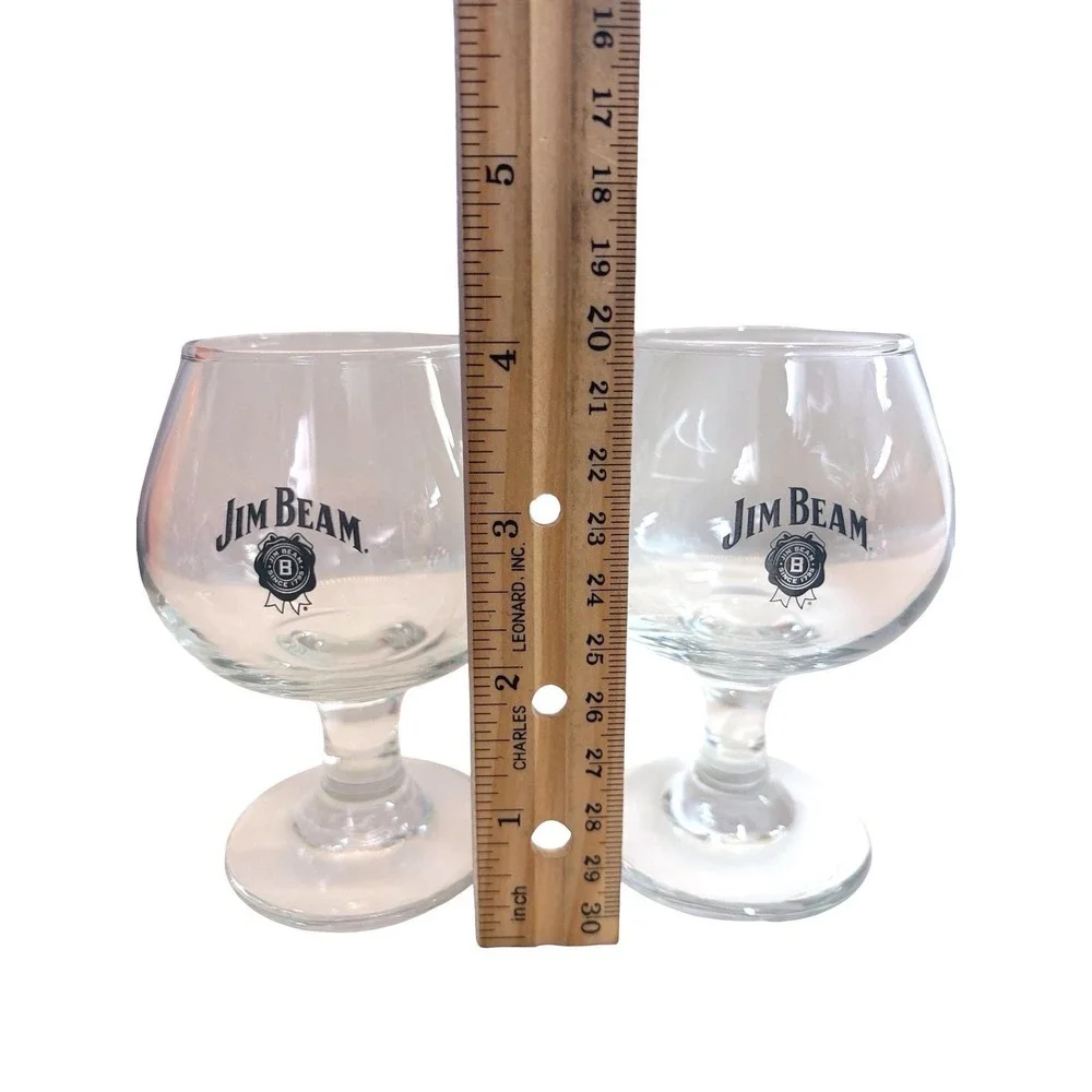 VTG Jim Beam Bourbon Snifter Glasses Set of‎ 2 Clear Glass Black Logo Barware 4